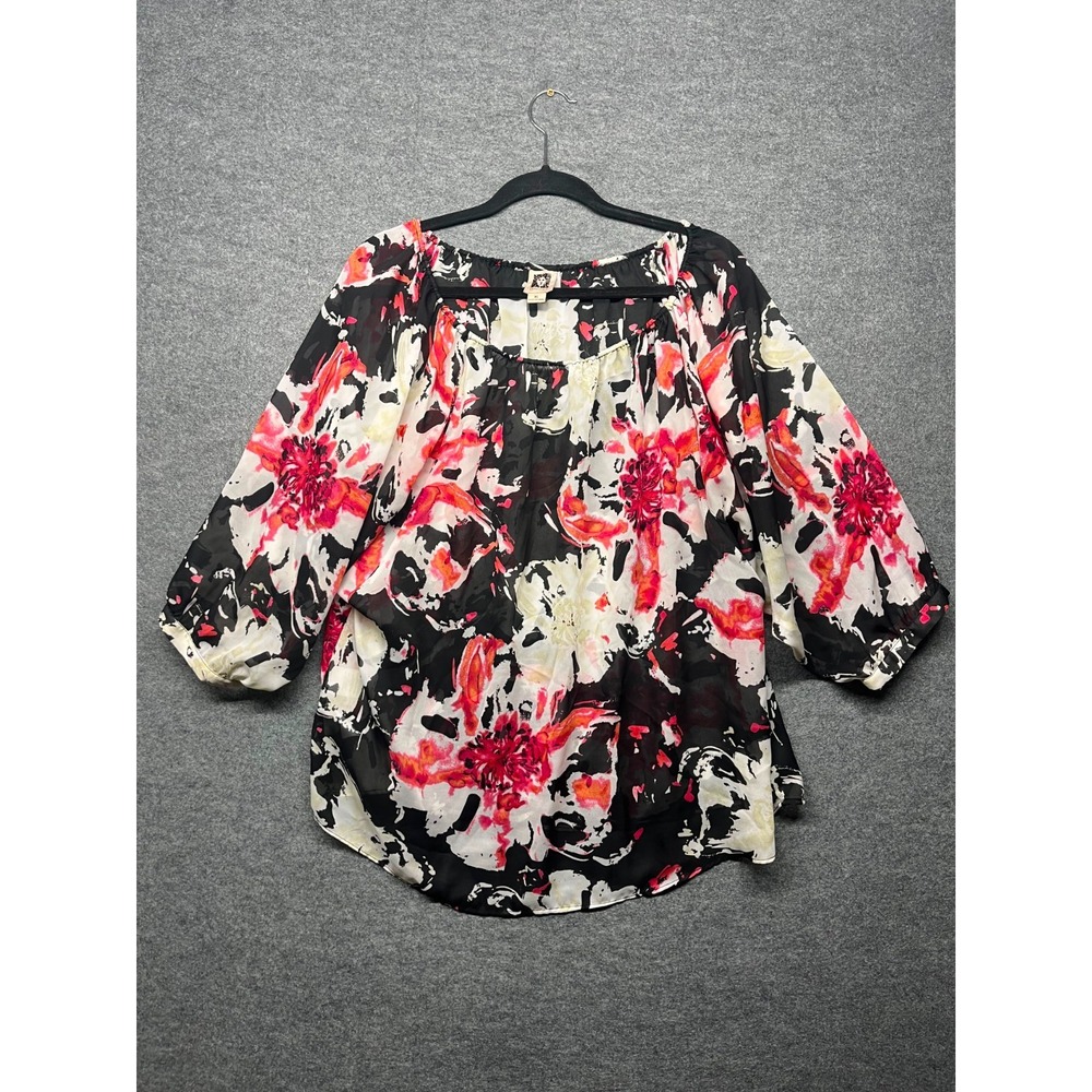 ANNE KLEIN Women's XL Floral Print Blouse 3/4 Sleeve Black Pink White Top